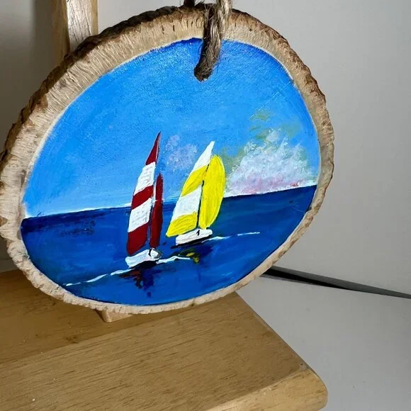 Hand-Painted Wooden Ornament With Colorful Sailboats & Ocean Scene - Picture 2 of 3
